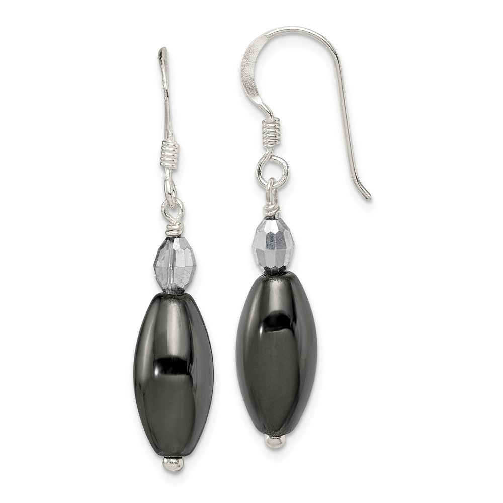QE12824 Sterling Silver Polished Crystal & Black Agate Dangle Earrings