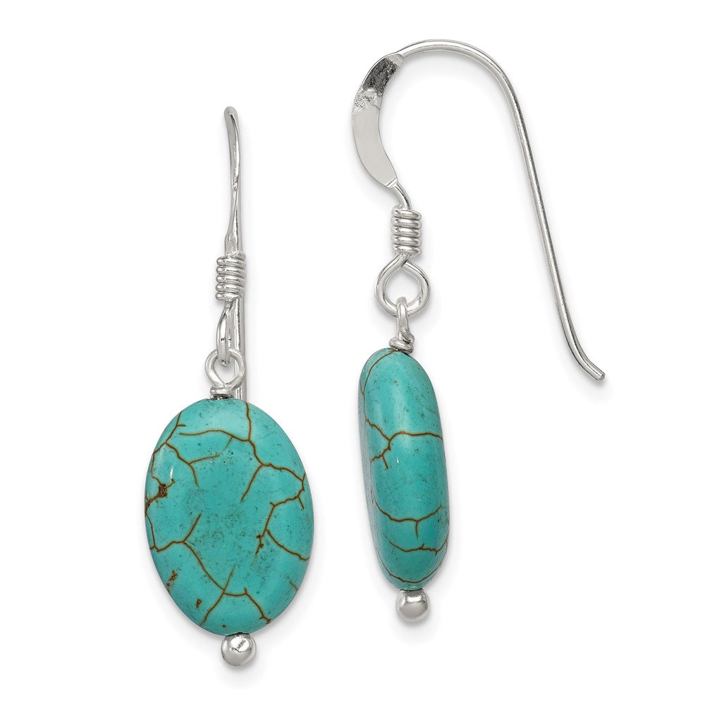 QE12825 Sterling Silver Polished Blue Reconstructed Magnesite Oval Dangle Earrings