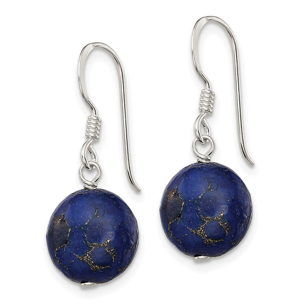 QE12833 Sterling Silver Polished Round Reconstructed Lapis Dangle Earrings