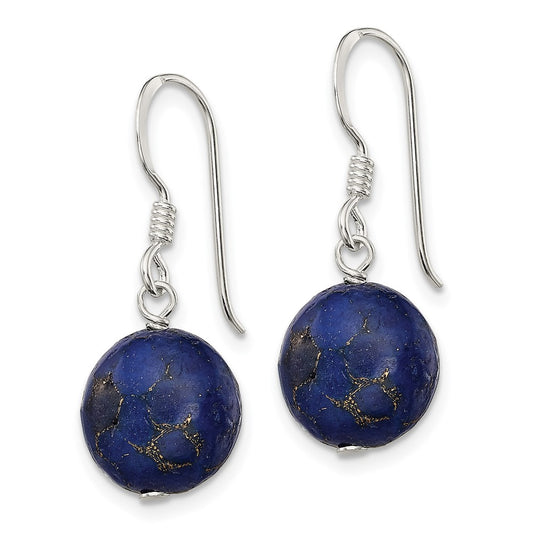 QE12833 Sterling Silver Polished Round Reconstructed Lapis Dangle Earrings