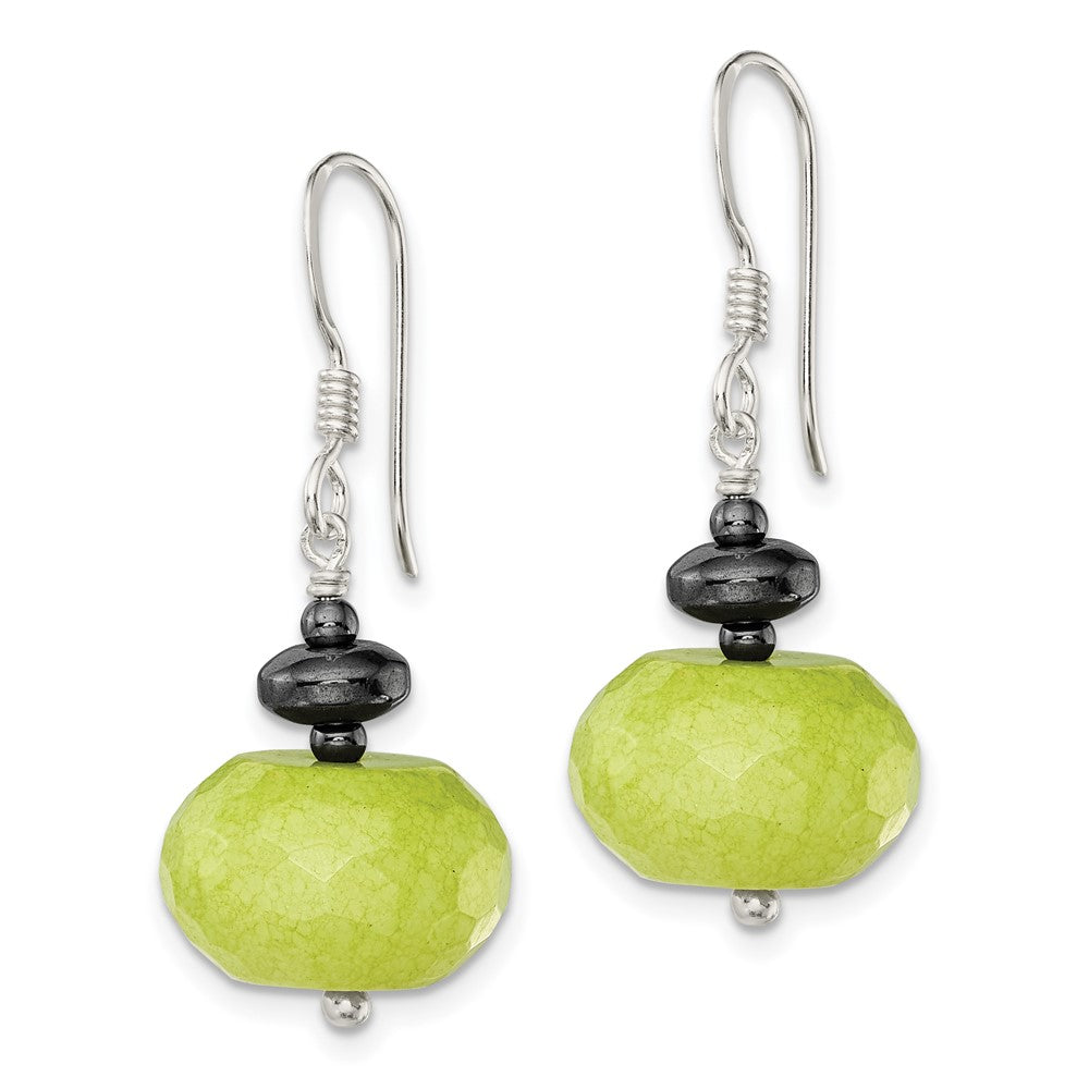 QE12838 Sterling Silver Polished Green Jade & Hematite Dangle Earrings