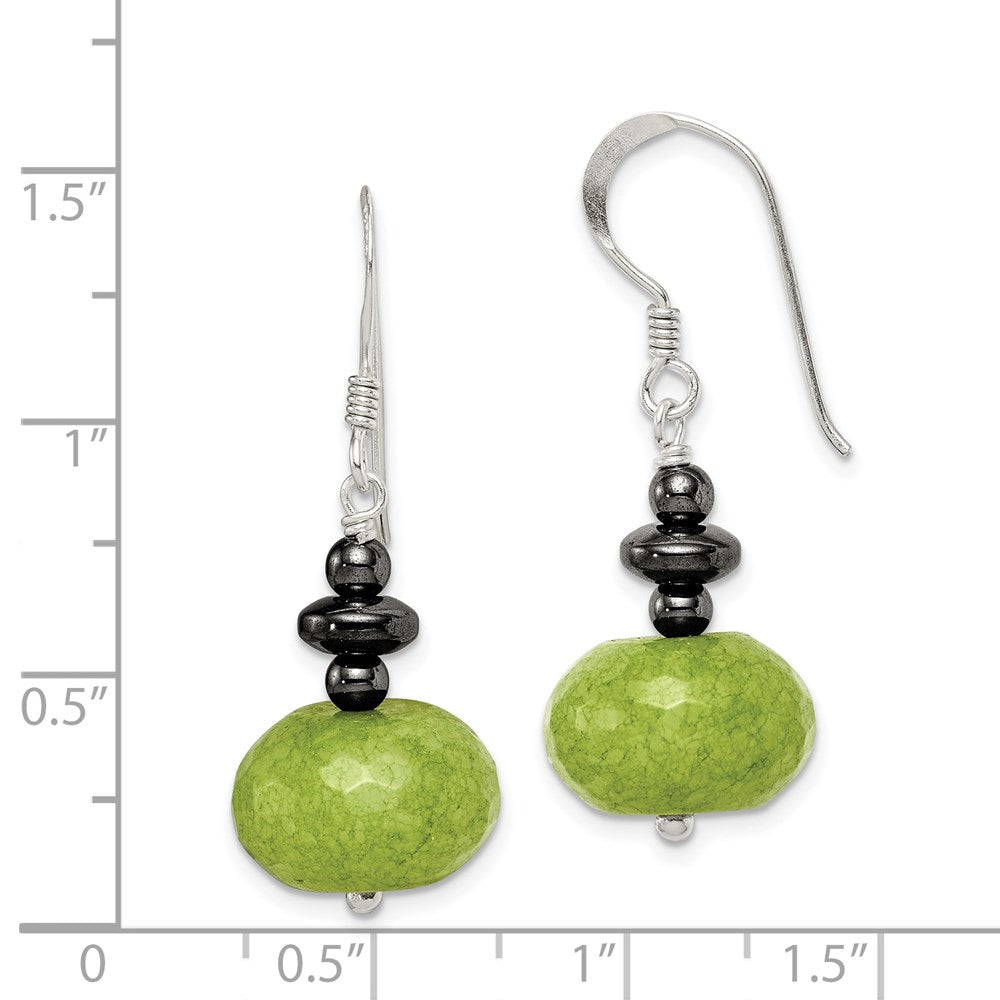 QE12838 Sterling Silver Polished Green Jade & Hematite Dangle Earrings