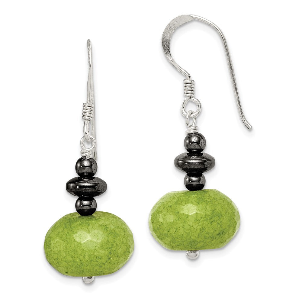 QE12838 Sterling Silver Polished Green Jade & Hematite Dangle Earrings