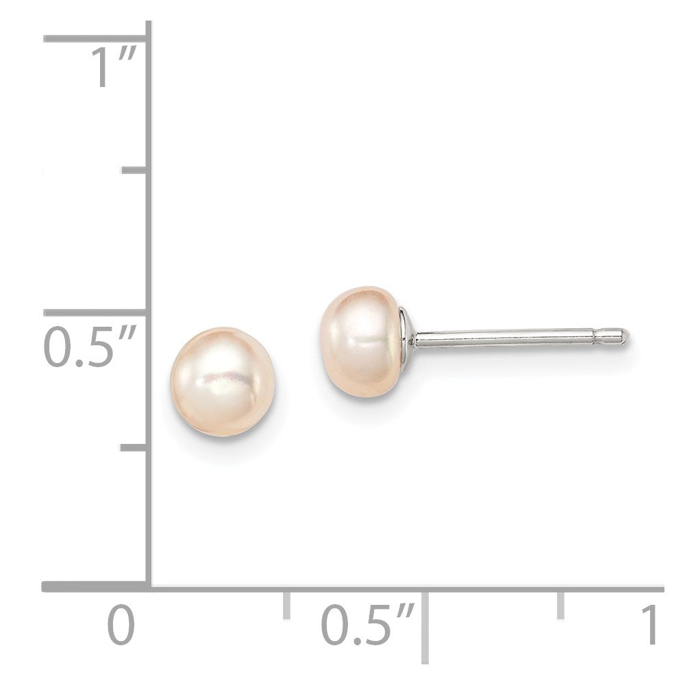 QE12846 Sterling Silver Rhodium-plated 4-5mm Pink Button Freshwater Cultured Pearl Post Earrings