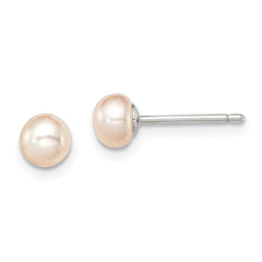 QE12846 Sterling Silver Rhodium-plated 4-5mm Pink Button Freshwater Cultured Pearl Post Earrings