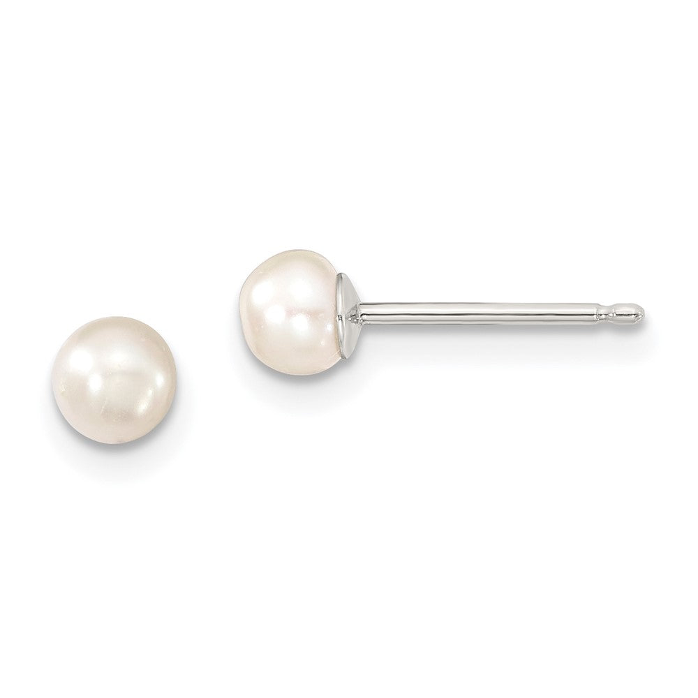 QE12847 Sterling Silver Rhodium-plated 4-5mm White Button Freshwater Cultured Pearl Post Earrings