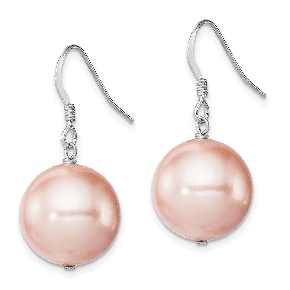 QE12851 Sterling Silver Rhodium-plated 14-15mm Pink Round Shell Pearl Dangle Earrings