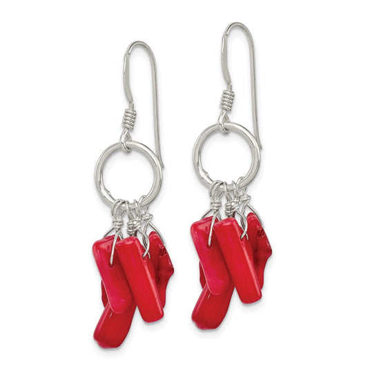 QE12864 Sterling Silver Polished Red Coral & Circle Dangle Earrings