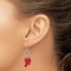 QE12864 Sterling Silver Polished Red Coral & Circle Dangle Earrings
