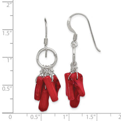 QE12864 Sterling Silver Polished Red Coral & Circle Dangle Earrings
