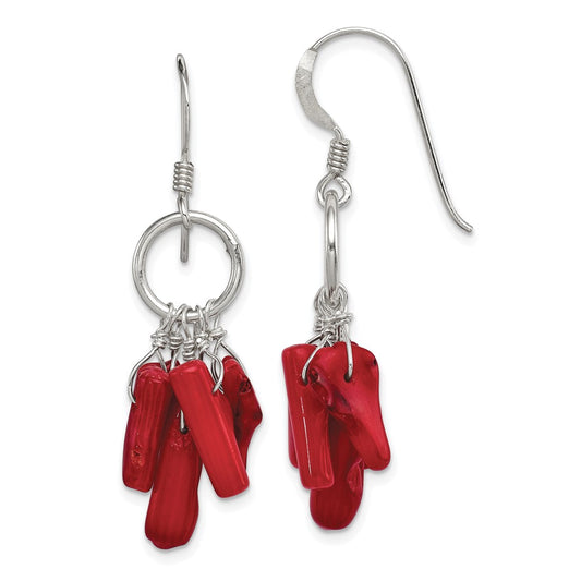 QE12864 Sterling Silver Polished Red Coral & Circle Dangle Earrings