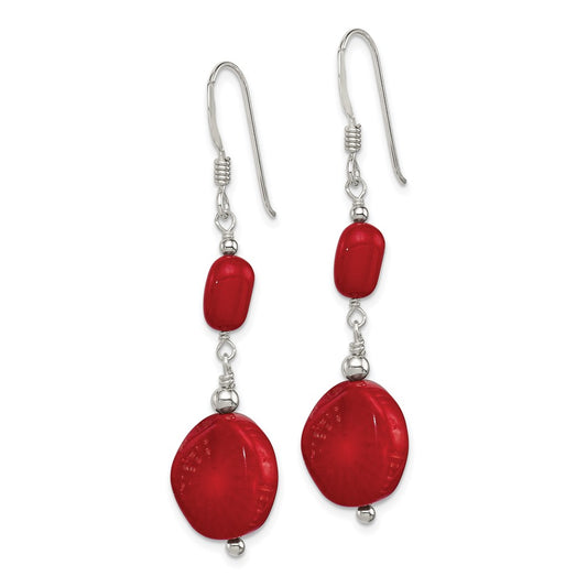 QE12867 Sterling Silver Polished Round Red Coral Dangle Earrings