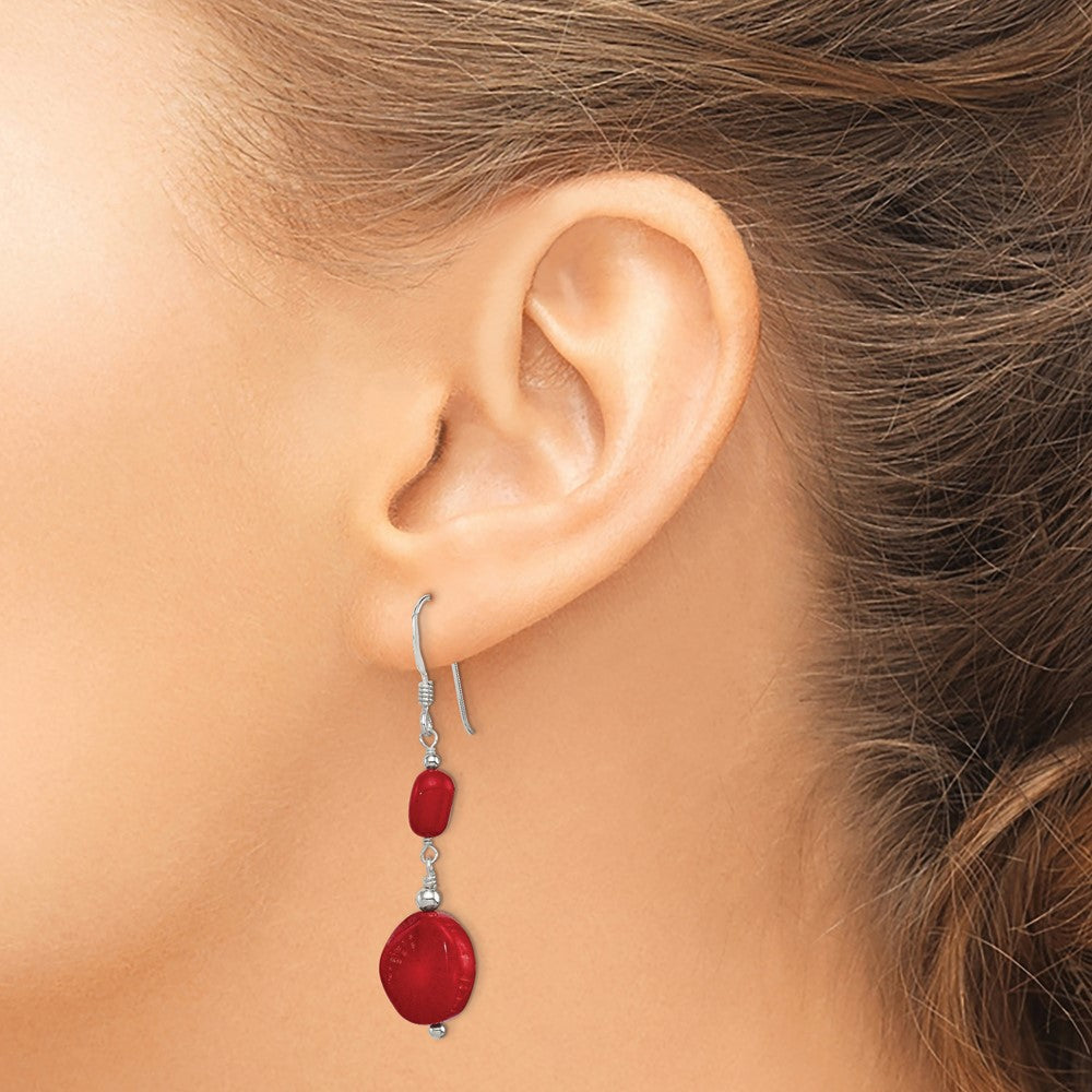 QE12867 Sterling Silver Polished Round Red Coral Dangle Earrings