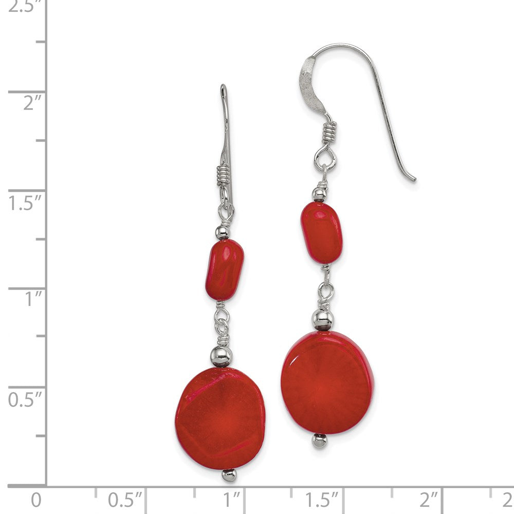 QE12867 Sterling Silver Polished Round Red Coral Dangle Earrings