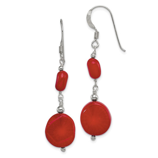 QE12867 Sterling Silver Polished Round Red Coral Dangle Earrings