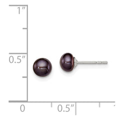 QE12871 Sterling Silver Rhodium-plated 5-6mm Black Button Freshwater Cultured Pearl Post Earrings