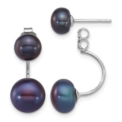 QE12888WB Sterling Silver Rhodium-plated 5-6mm and 8-9mm Black Button Freshwater Cultured Pearl Front and Back Post Dangle Earrings