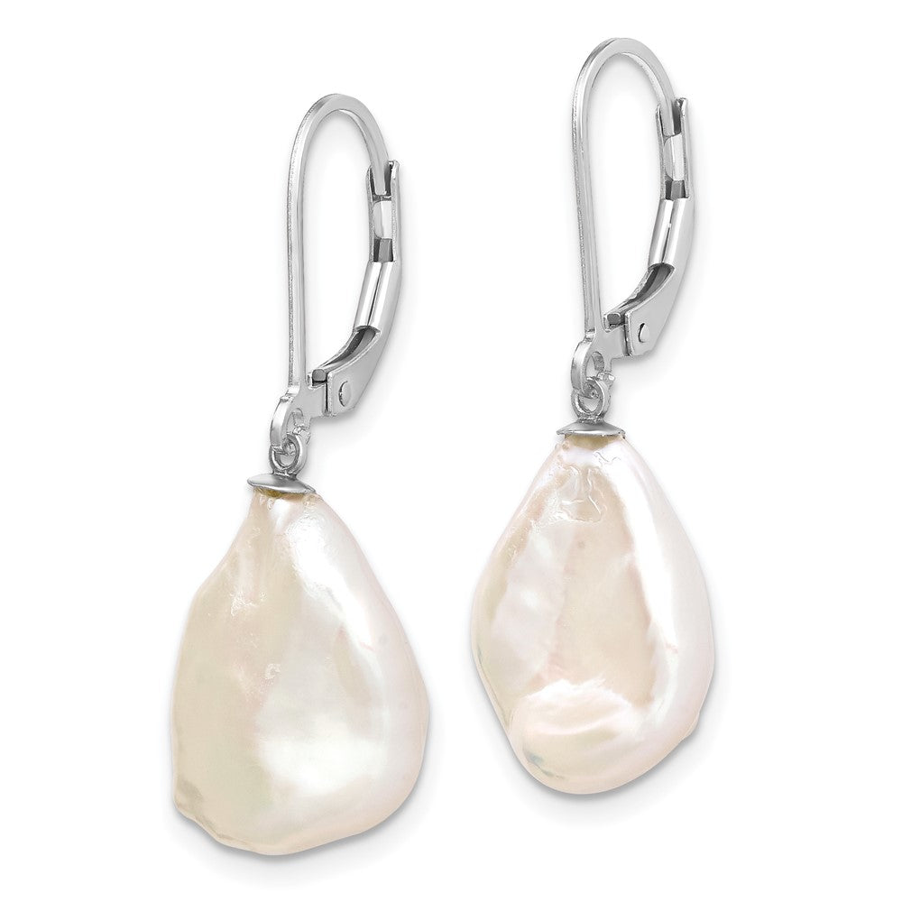 QE12889W Sterling Silver Rhodium-plated 13-15mm White Keshi Freshwater Cultured Pearl Leverback Dangle Earrings
