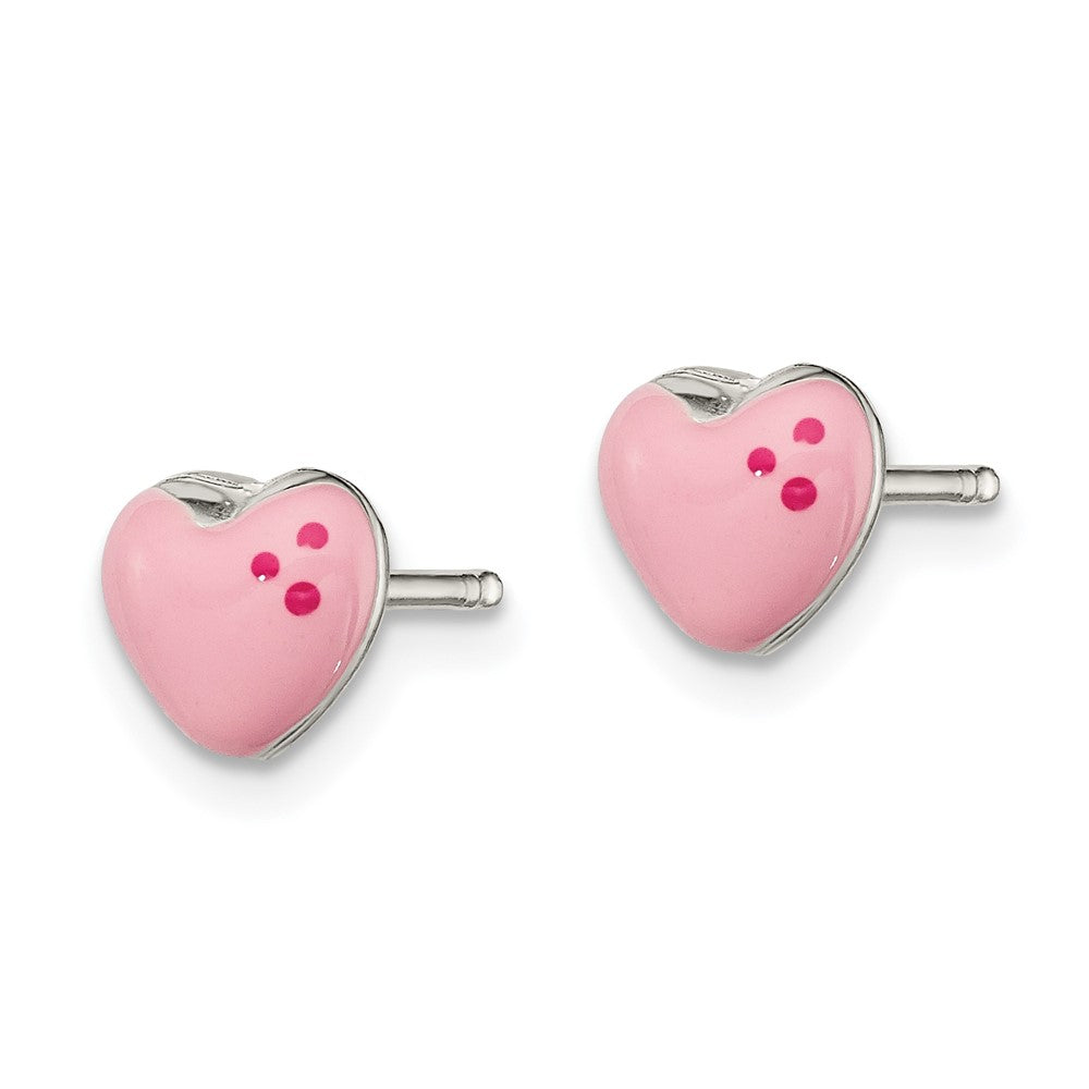 QE12892 Sterling Silver Polished & Pink Enameled Heart Children's Post Earrings