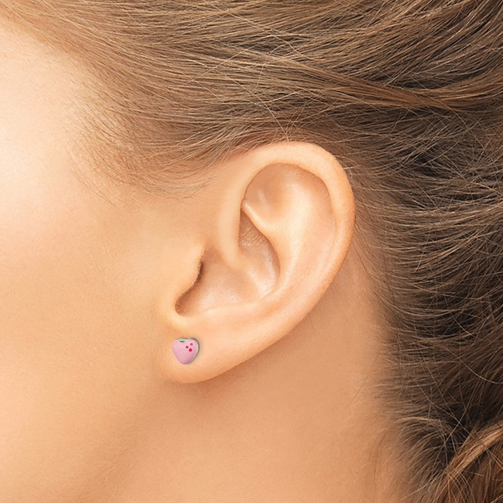 QE12892 Sterling Silver Polished & Pink Enameled Heart Children's Post Earrings