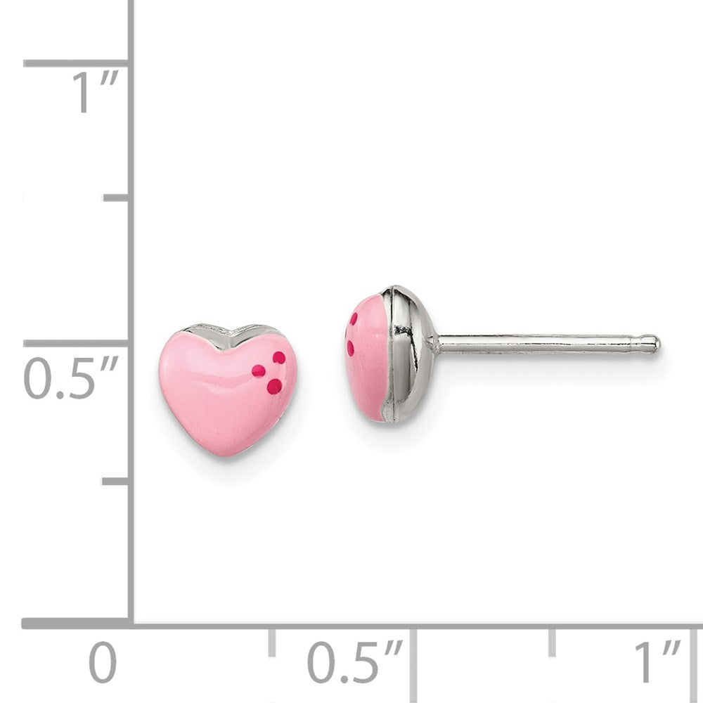 QE12892 Sterling Silver Polished & Pink Enameled Heart Children's Post Earrings