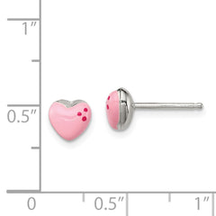 QE12892 Sterling Silver Polished & Pink Enameled Heart Children's Post Earrings