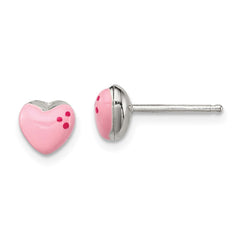 QE12892 Sterling Silver Polished & Pink Enameled Heart Children's Post Earrings