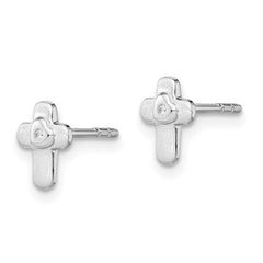 QE12898 Sterling Silver Rhodium-plated Polished CZ Cross Children's Post Earrings