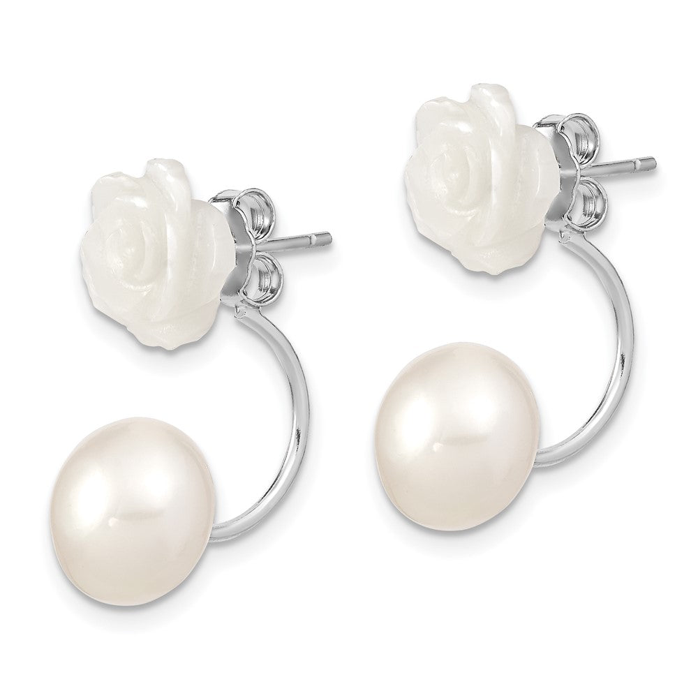 QE12900WW Sterling Silver Rhodium-plated 8-9mm White Button Freshwater Cultured Pearl and Mother Flower Front and Back Post Earrings