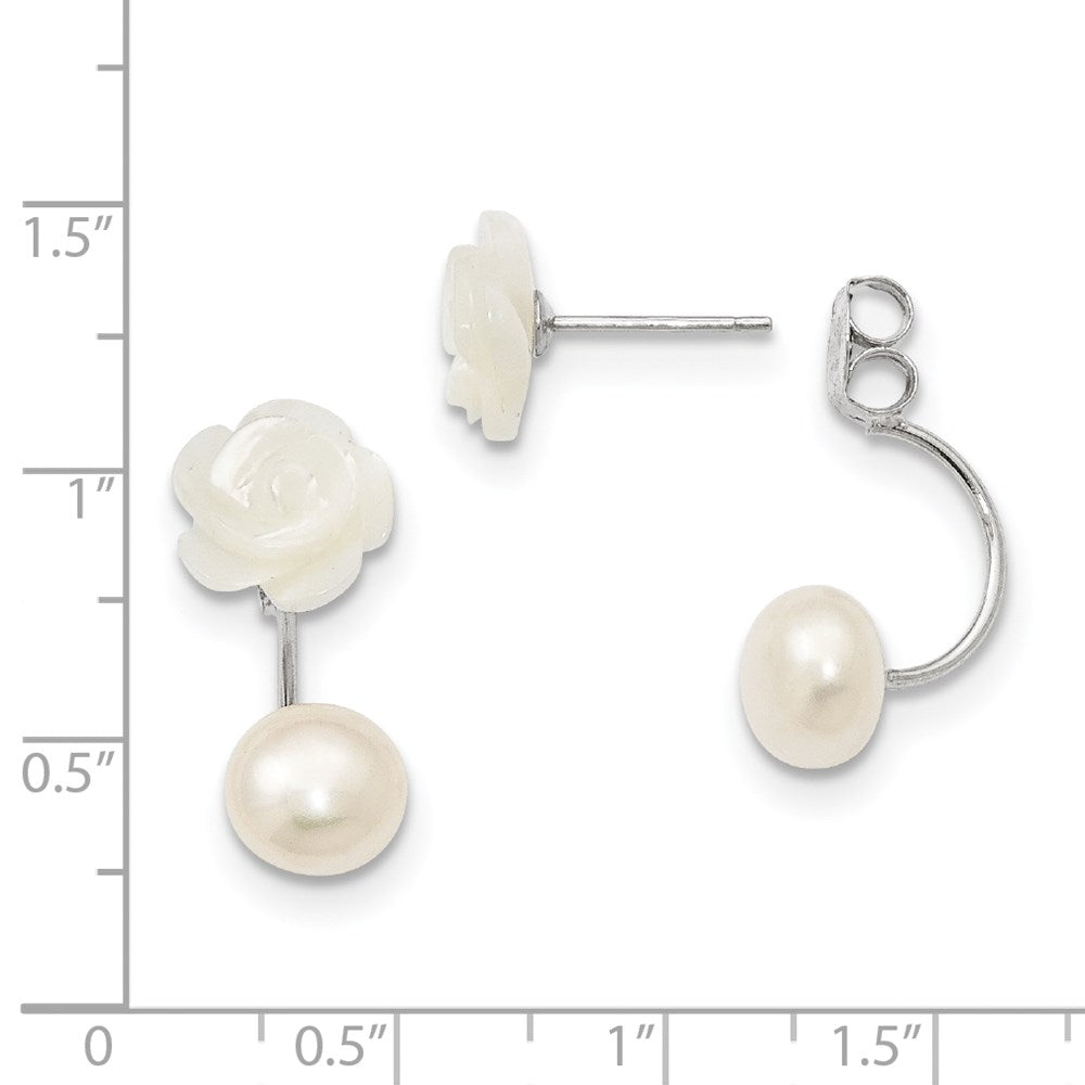 QE12900WW Sterling Silver Rhodium-plated 8-9mm White Button Freshwater Cultured Pearl and Mother Flower Front and Back Post Earrings