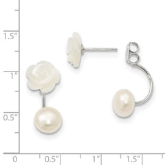 QE12900WW Sterling Silver Rhodium-plated 8-9mm White Button Freshwater Cultured Pearl and Mother Flower Front and Back Post Earrings