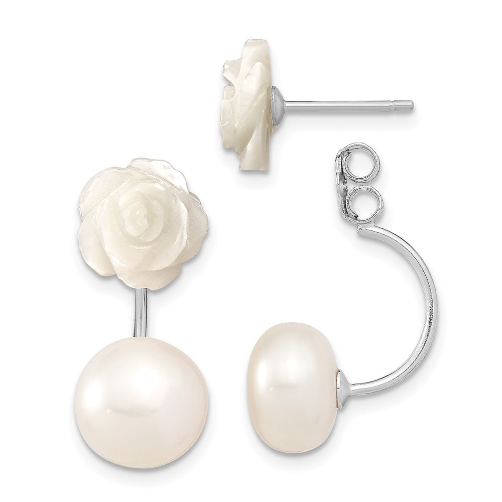 QE12900WW Sterling Silver Rhodium-plated 8-9mm White Button Freshwater Cultured Pearl and Mother Flower Front and Back Post Earrings