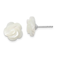 QE12901W Sterling Silver Rhodium-plated 10mm White Mother of Pearl Flower Post Earrings