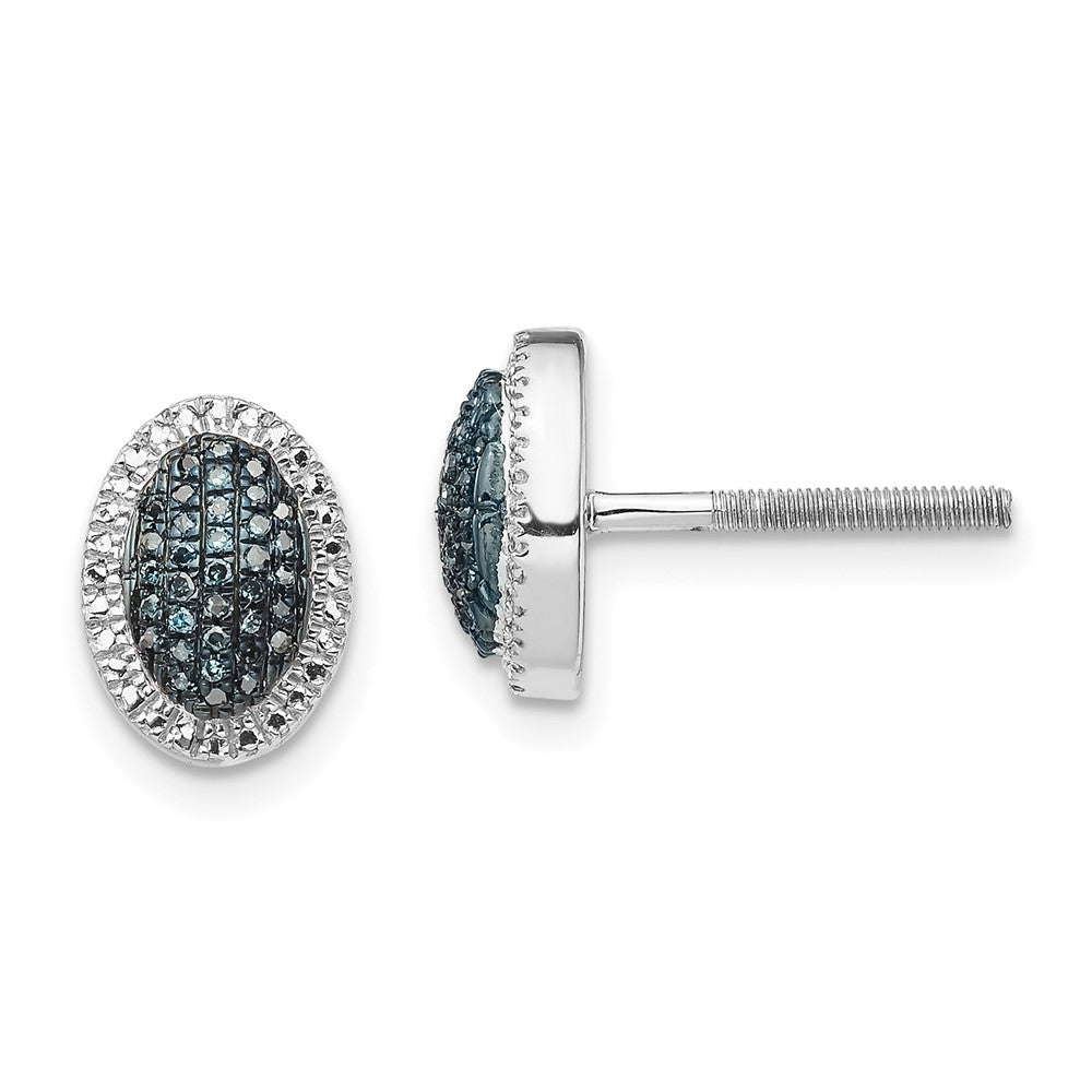 QE12916 White Night Sterling Silver Rhodium-plated Blue Diamond Oval Screwback Post Earrings