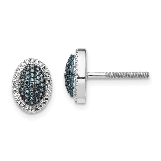 QE12916 White Night Sterling Silver Rhodium-plated Blue Diamond Oval Screwback Post Earrings