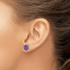 QE12919 Sterling Silver Purple Enamel Winking Smiley Face Post Earrings