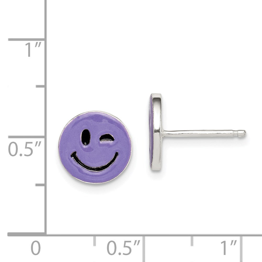 QE12919 Sterling Silver Purple Enamel Winking Smiley Face Post Earrings