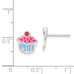 QE12922 Sterling Silver Polished Enamel Garnet Cupcake Childs Post Earrings