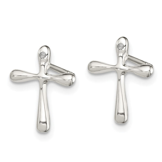 QE12933 Sterling Silver Polished Diamond Cross Post Earrings