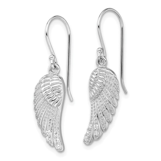 QE12935 Sterling Silver RH-plated Polished/Textured CZ Wings Dangle Earrings