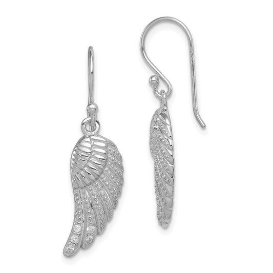 QE12935 Sterling Silver RH-plated Polished/Textured CZ Wings Dangle Earrings