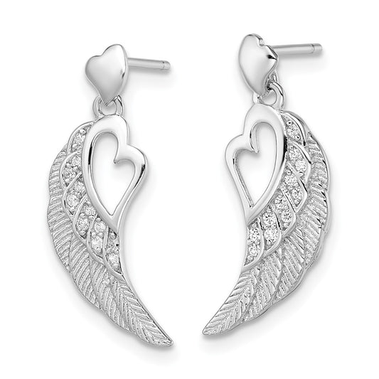 QE12939 Sterling Silver Rhodium-plated Polished & Textured CZ Open Heart Wings Post Dangle Earrings