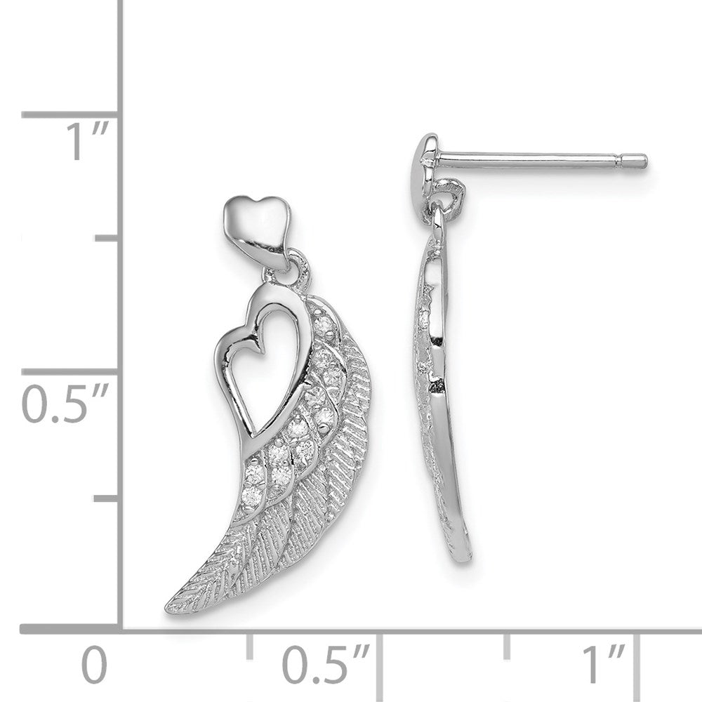 QE12939 Sterling Silver Rhodium-plated Polished & Textured CZ Open Heart Wings Post Dangle Earrings