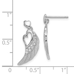 QE12939 Sterling Silver Rhodium-plated Polished & Textured CZ Open Heart Wings Post Dangle Earrings