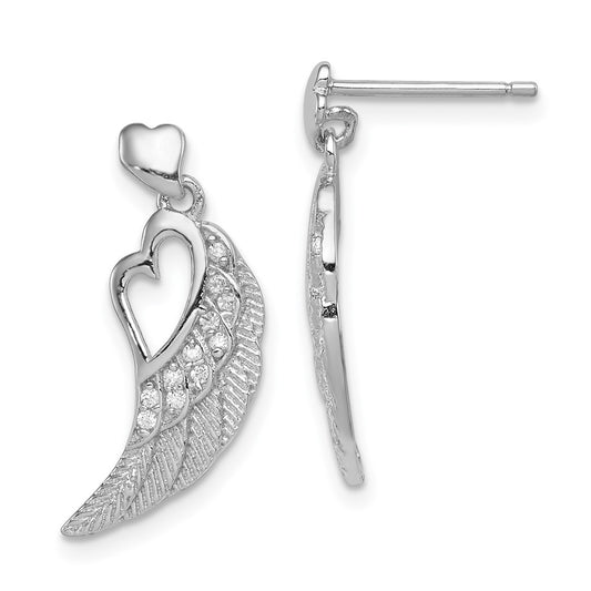 QE12939 Sterling Silver Rhodium-plated Polished & Textured CZ Open Heart Wings Post Dangle Earrings