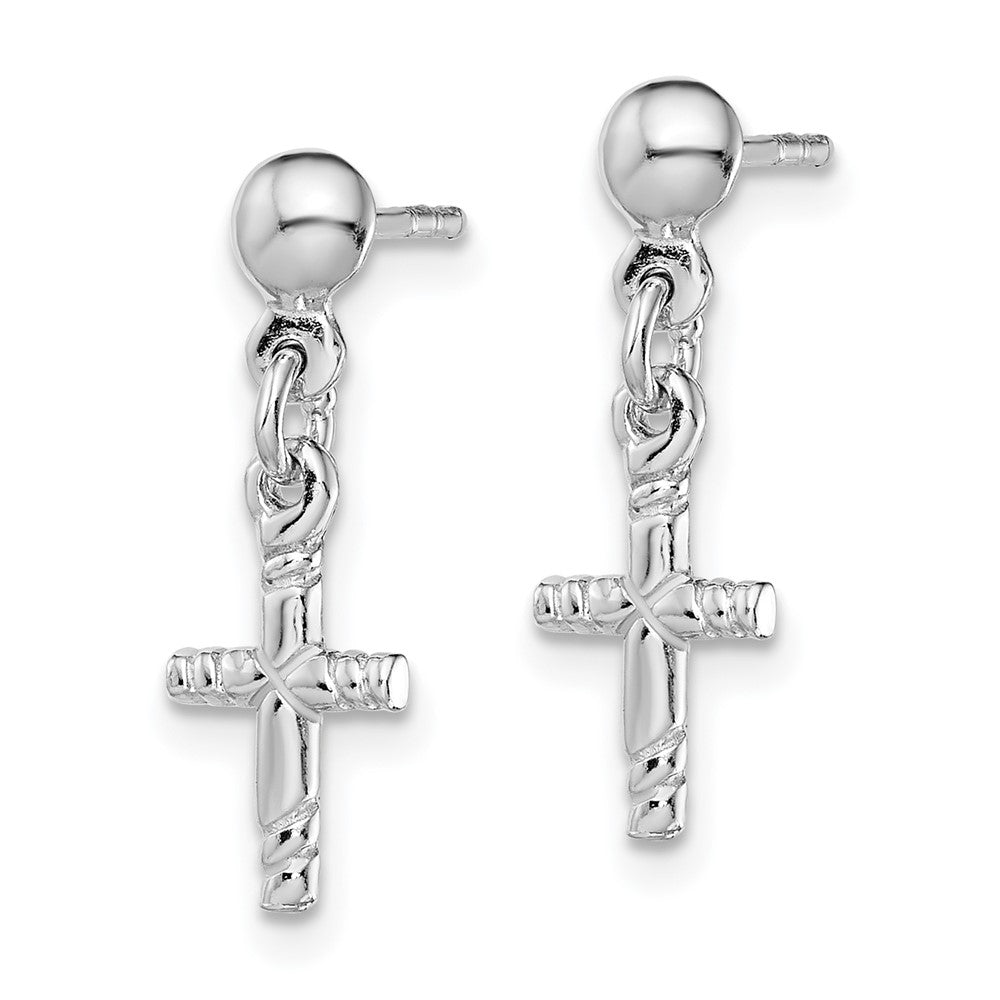 QE12941 Sterling Silver Rhodium-plated Polished Cross Post Dangle Earrings