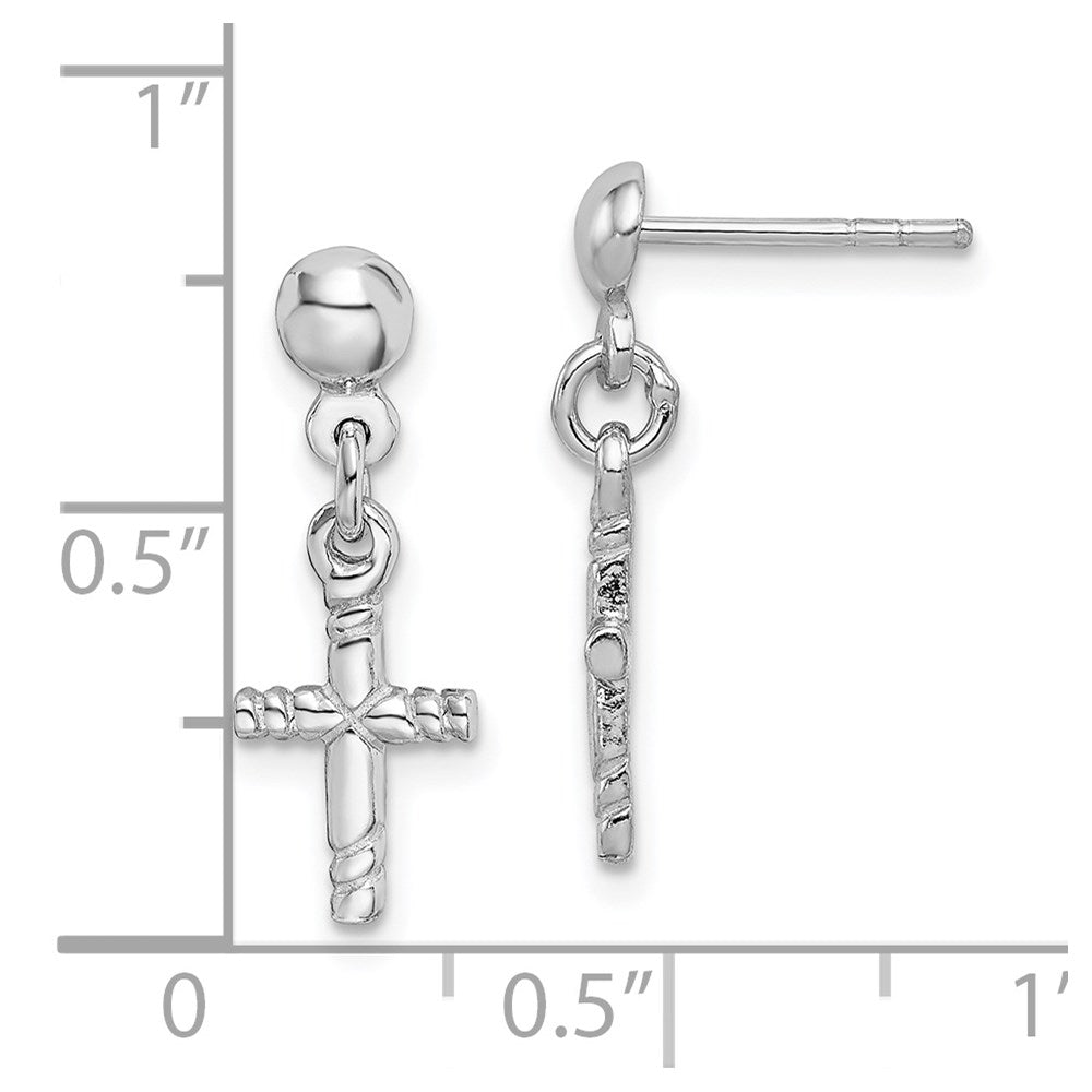 QE12941 Sterling Silver Rhodium-plated Polished Cross Post Dangle Earrings