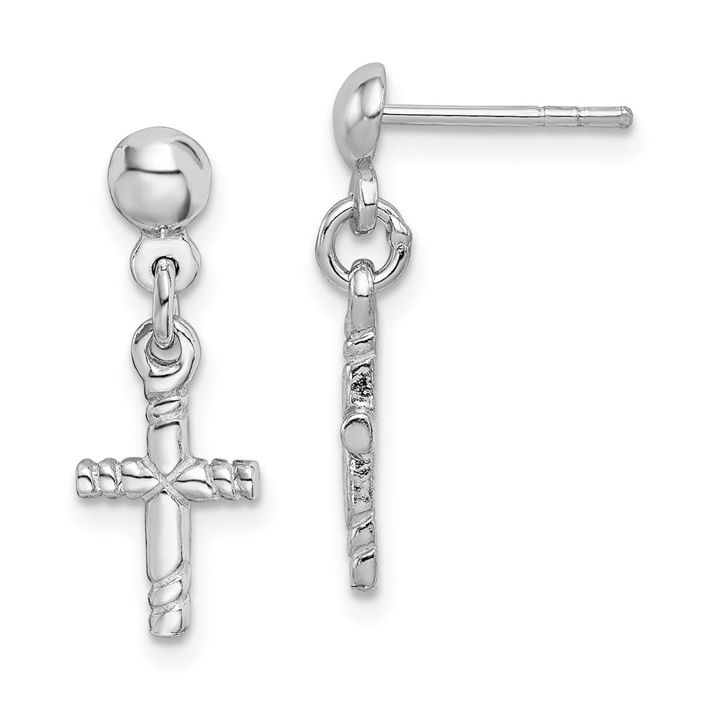 QE12941 Sterling Silver Rhodium-plated Polished Cross Post Dangle Earrings