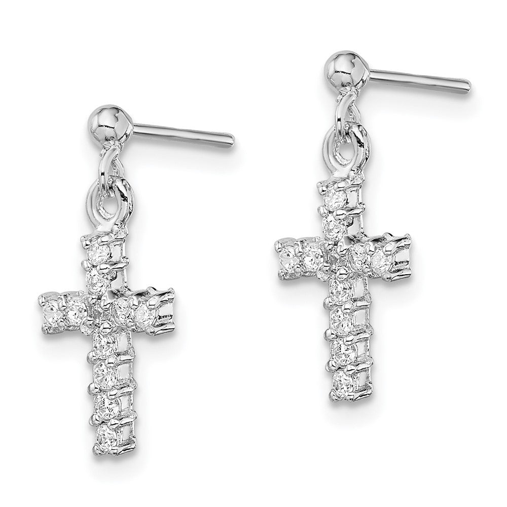 QE12942 Sterling Silver Rhodium-plated Polished CZ Cross Post Dangle Earrings