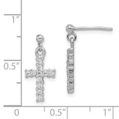 QE12942 Sterling Silver Rhodium-plated Polished CZ Cross Post Dangle Earrings